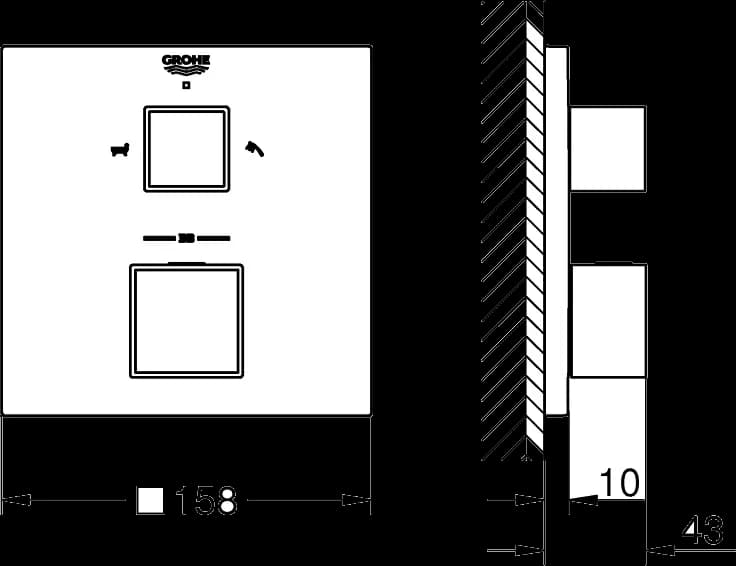 GROHE Grohtherm Cube Unitate de mixare cu termostat pentru cadă cu 2 ieșiri cu ventil de închidere/deviere integrat - desen tehnic cu cote