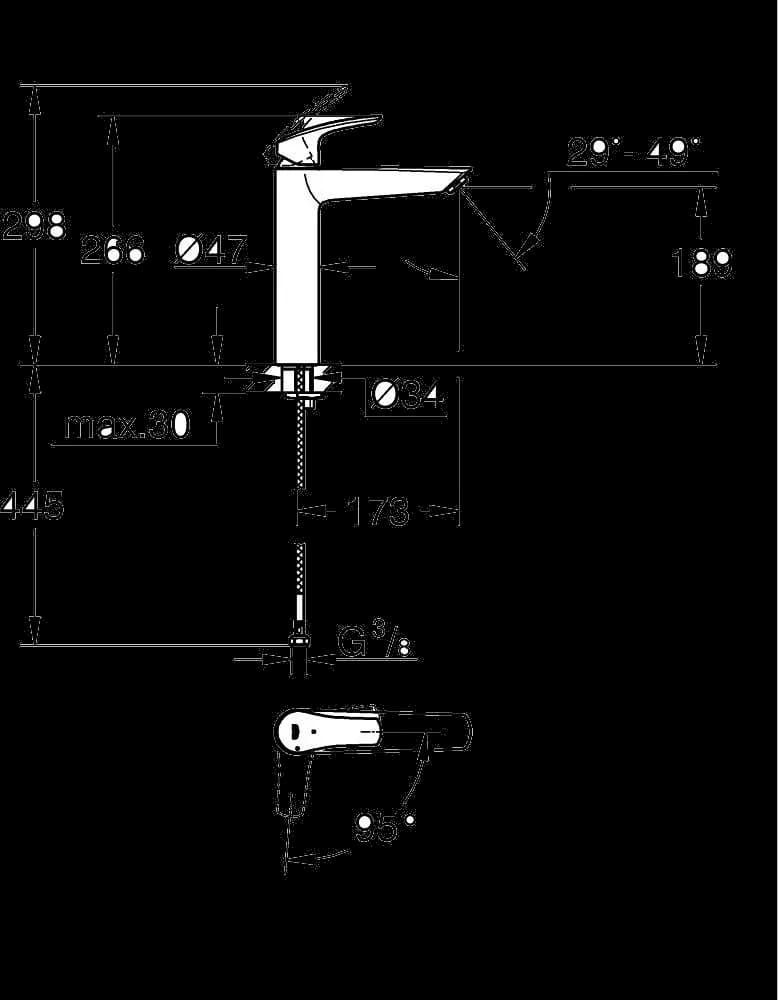 GROHE Eurosmart Baterie lavoar monocomandă 1/2" Mărimea XL - desen tehnic cu cote