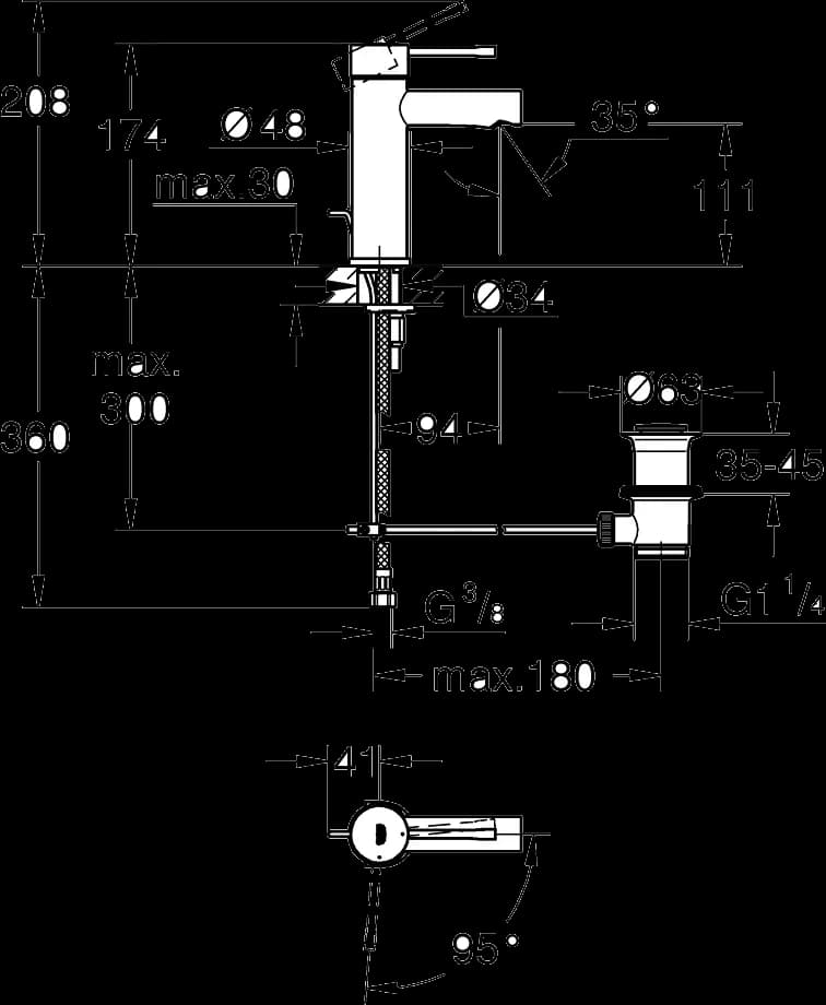 GROHE Essence Baterie lavoar monocomandă 1/2" - desen tehnic cu cote