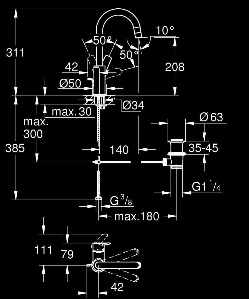 GROHE Start Baterie lavoar monocomandă 1/2" Mărimea L - desen tehnic cu cote
