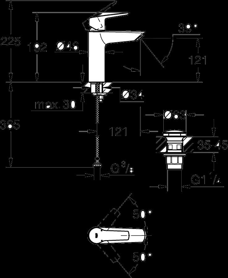 GROHE Start Baterie lavoar monocomandă 1/2" Mărimea M - desen tehnic cu cote