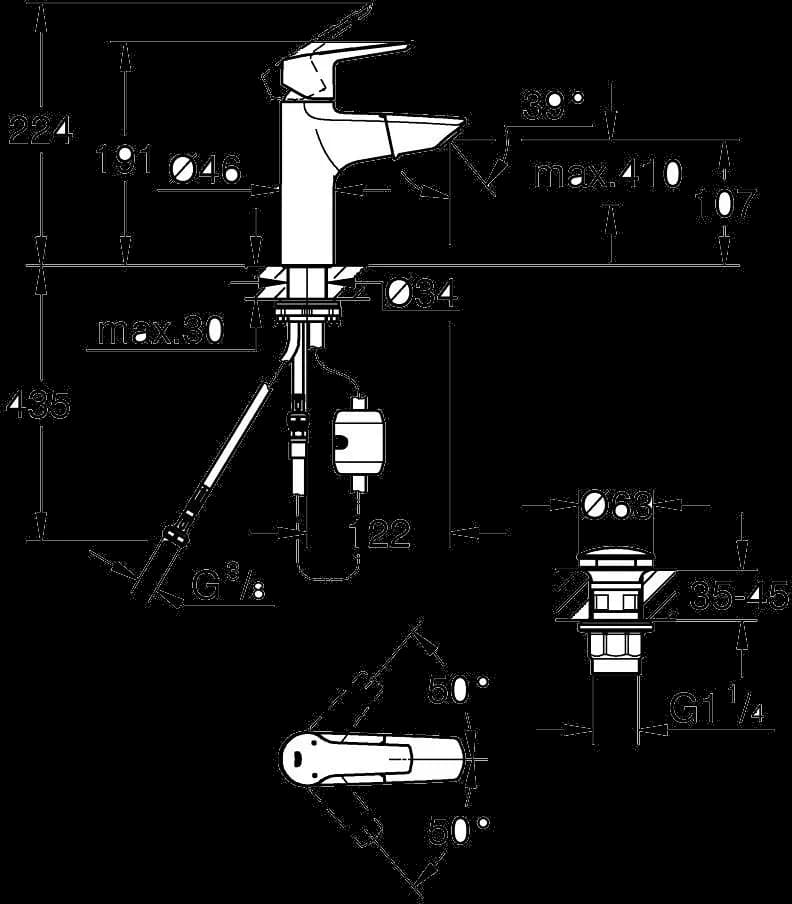 GROHE Start Baterie lavoar monocomandă 1/2" Mărimea M - desen tehnic cu cote