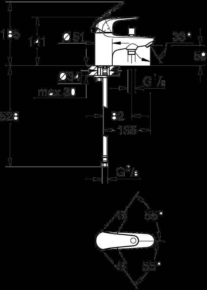GROHE EuroPro Baterie cadă monocomandă 1/2" - desen tehnic cu cote