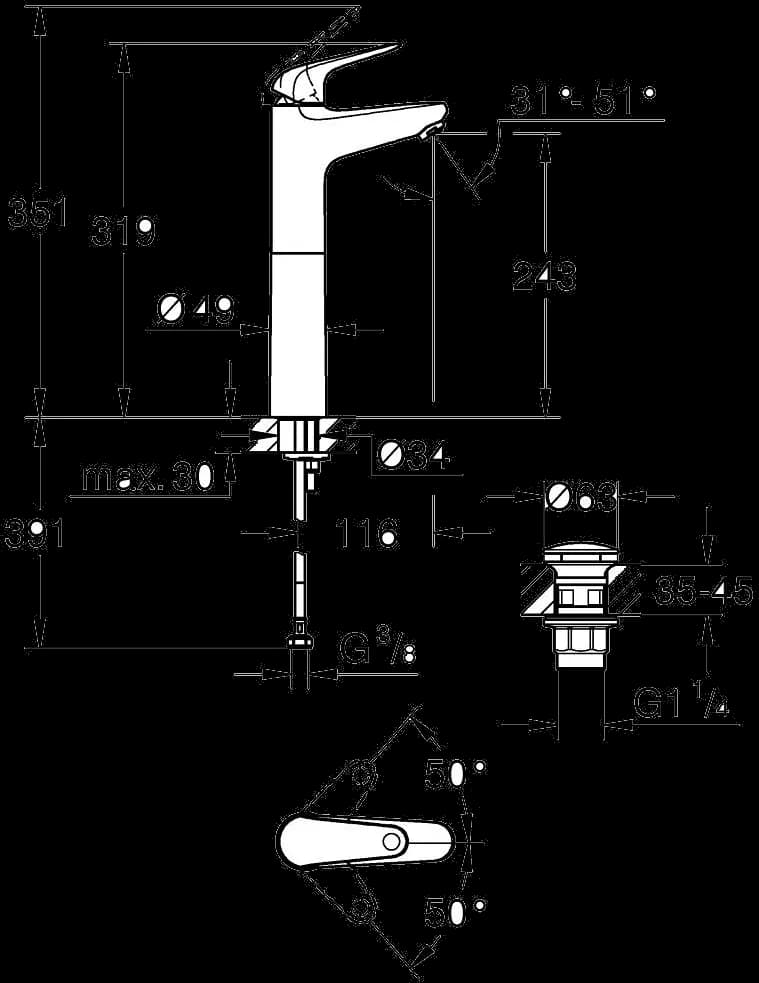 GROHE Swift Baterie lavoar monocomandă 1/2" Mărimea XL - desen tehnic cu cote