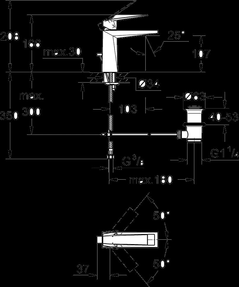 GROHE Allure Brilliant Baterie lavoar monocomandă 1/2" Mărimea M - desen tehnic cu cote