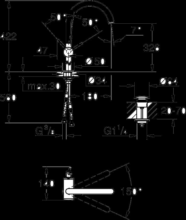 GROHE Atrio Baterie lavoar monocomandă 1/2" Mărimea XL - desen tehnic cu cote