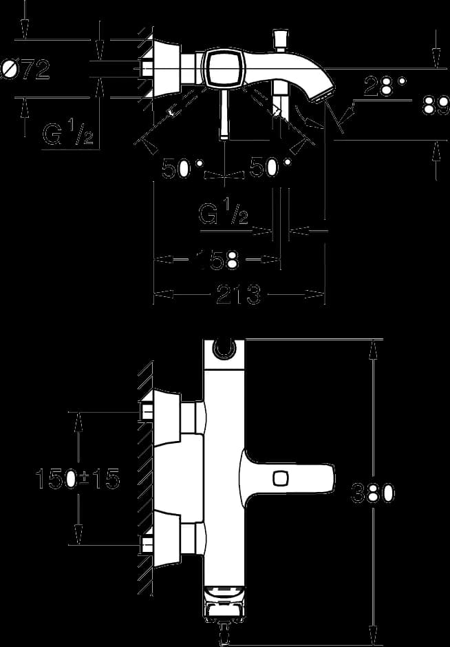 GROHE Grandera Baterie cadă monocomandă 1/2" - desen tehnic cu cote
