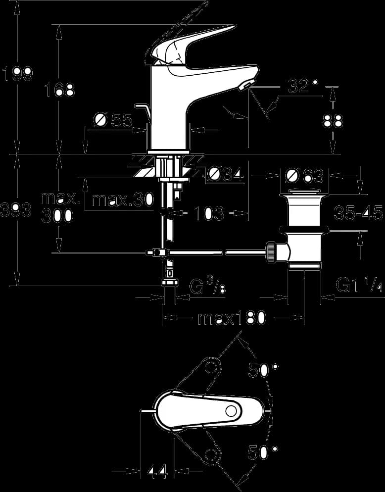 GROHE EuroPro Baterie lavoar monocomandă 1/2" - desen tehnic cu cote