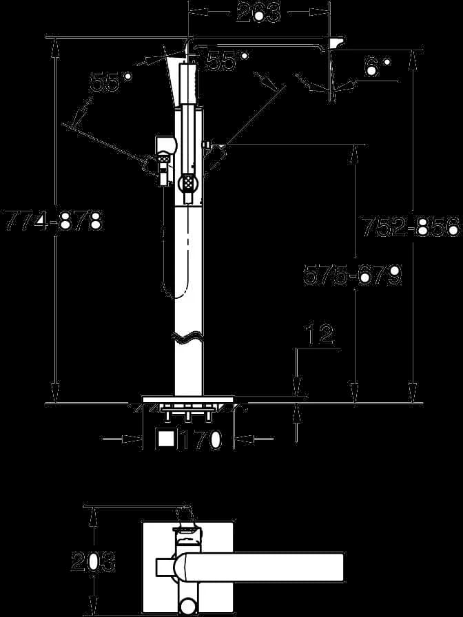 GROHE Allure Baterie cadă monocomandă 1/2", montare pe podea - desen tehnic cu cote