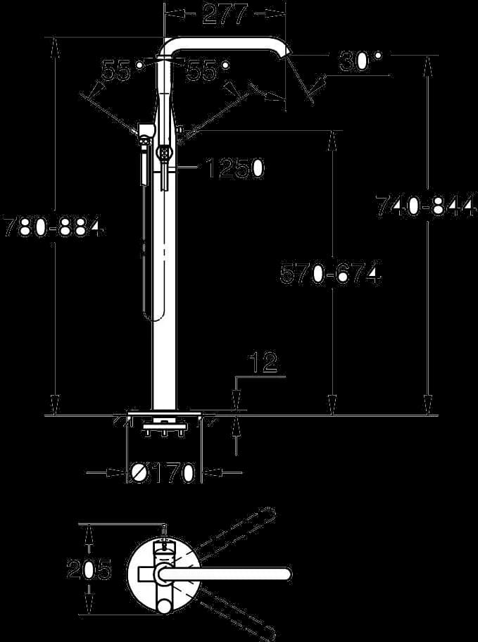 GROHE Essence Baterie cadă monocomandă 1/2", montare pe podea - desen tehnic cu cote