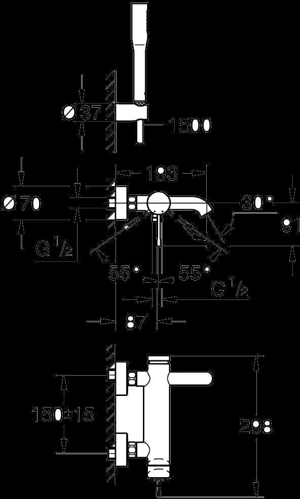 GROHE Essence Baterie cadă monocomandă 1/2" - desen tehnic cu cote