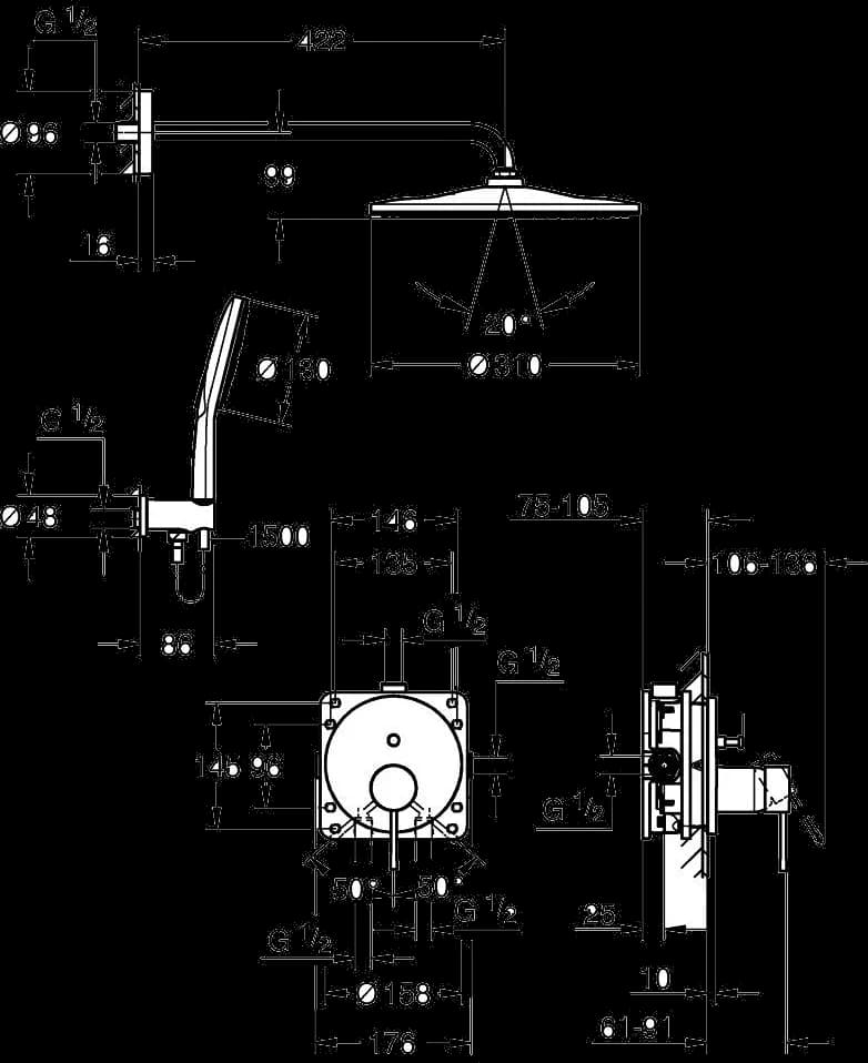 GROHE Essence Sistem de duș încastrat cu Rainshower Mono 310 - desen tehnic cu cote