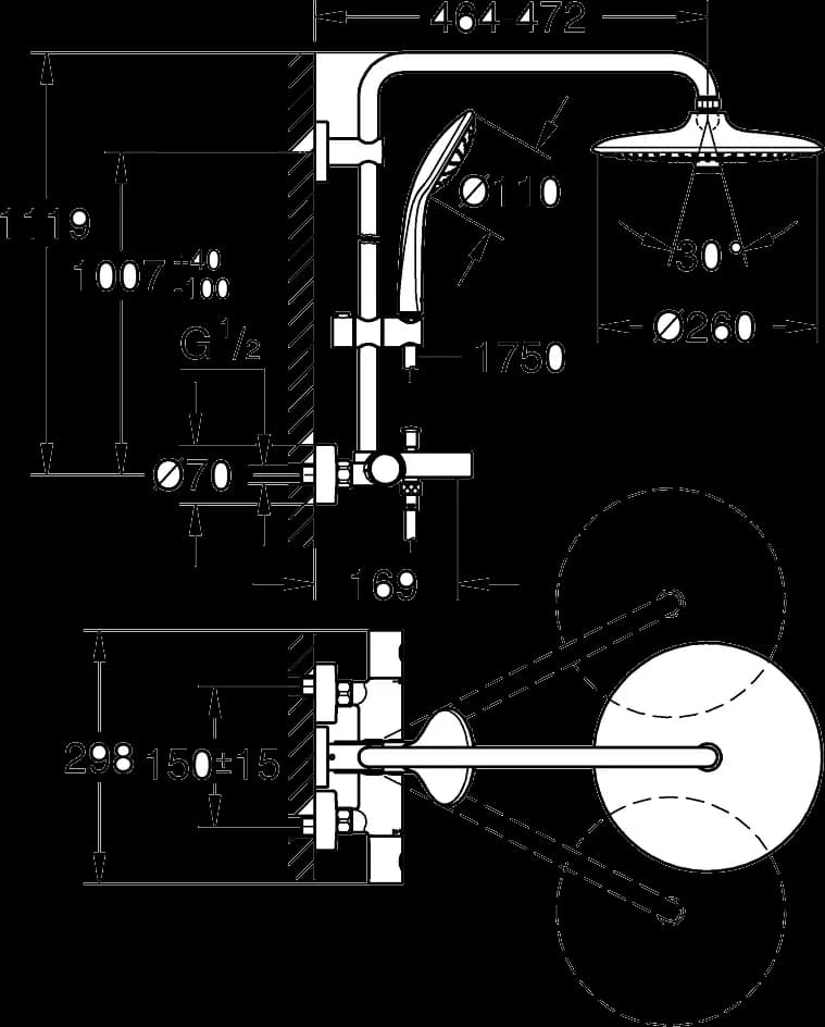 GROHE Euphoria System 260 Sistem duș cu termostat pentru cadă pentru montare pe perete - desen tehnic cu cote