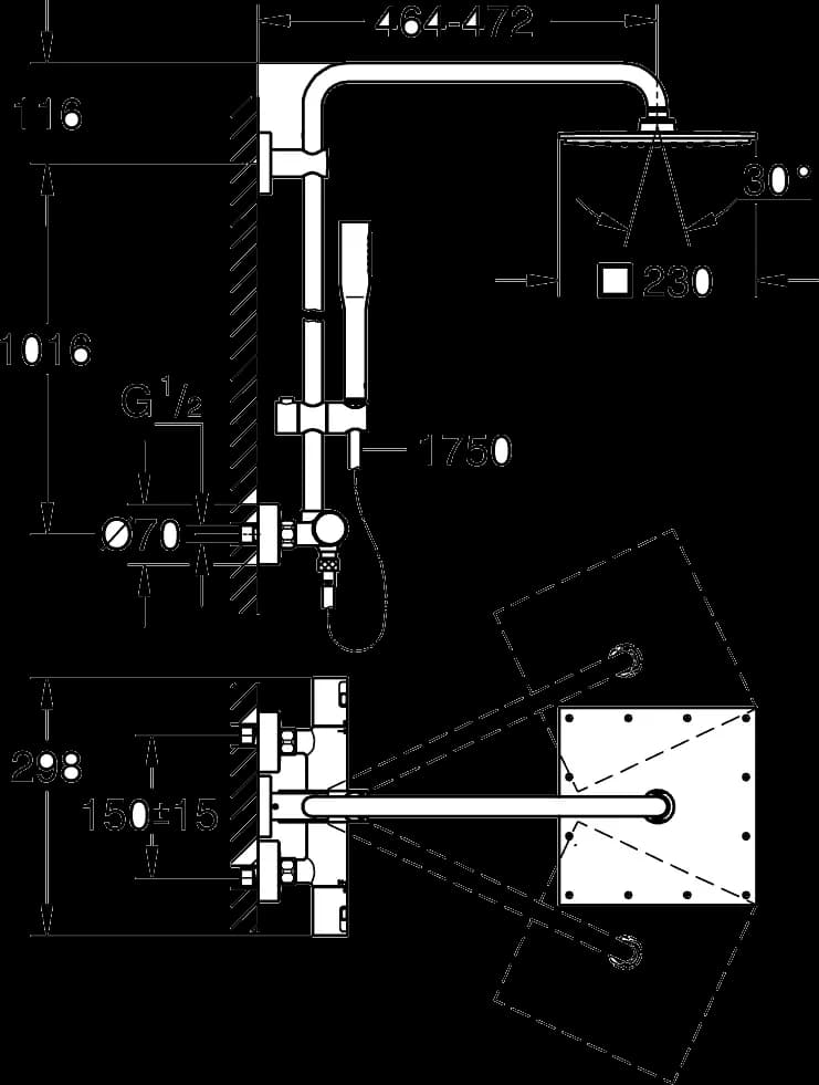 GROHE Vitalio Joy System 230 Sistem duș cu termostat pentru montare pe perete - desen tehnic cu cote
