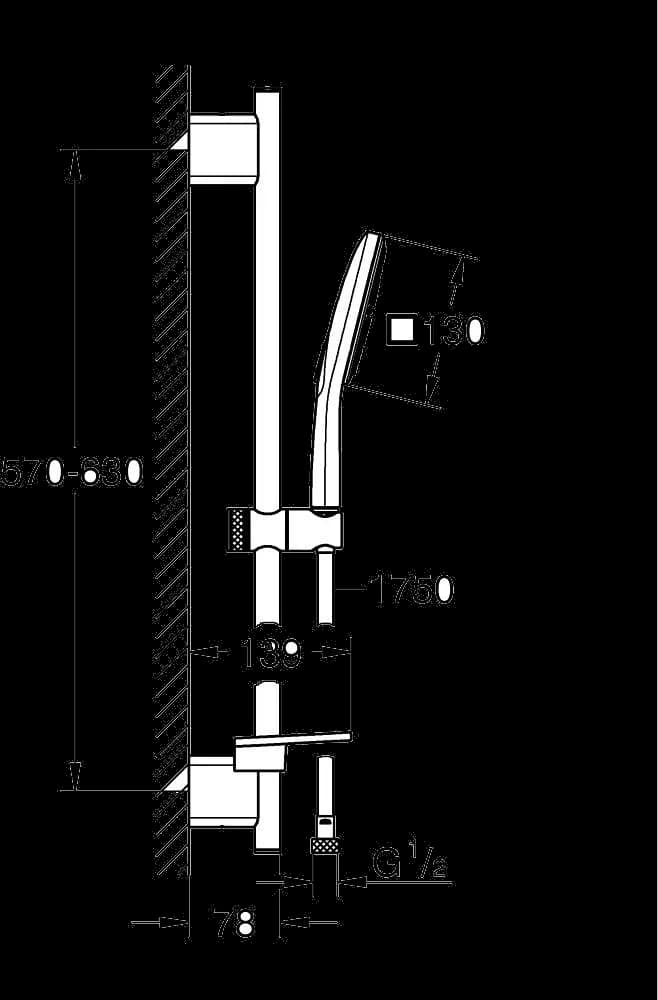 GROHE Rainshower SmartActive 130 Cube Set duș cu 3 pulverizări, cu bară - desen tehnic cu cote