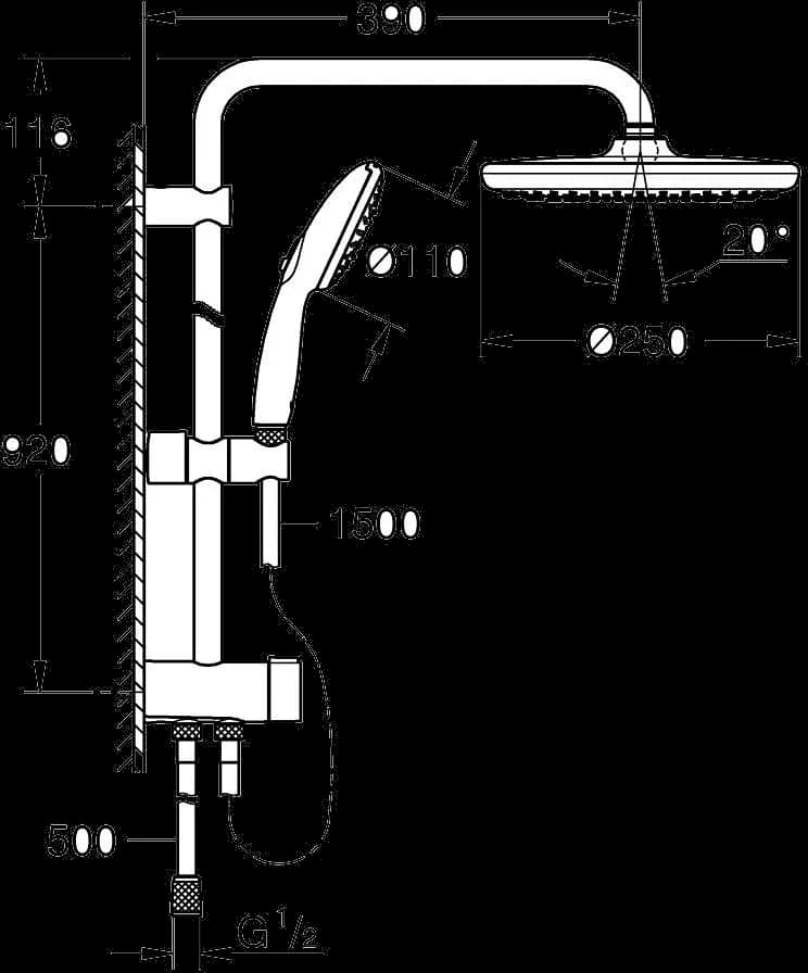 GROHE Tempesta System 250 Sistem de duș Flex cu divertor pentru montare pe perete - desen tehnic cu cote