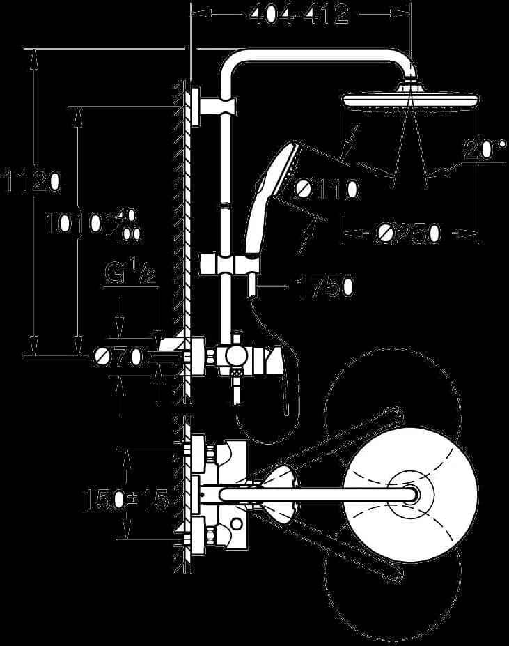 GROHE Vitalio Start System 250 Sistem de duș cu baterie monocomandă cu montare pe perete - desen tehnic cu cote