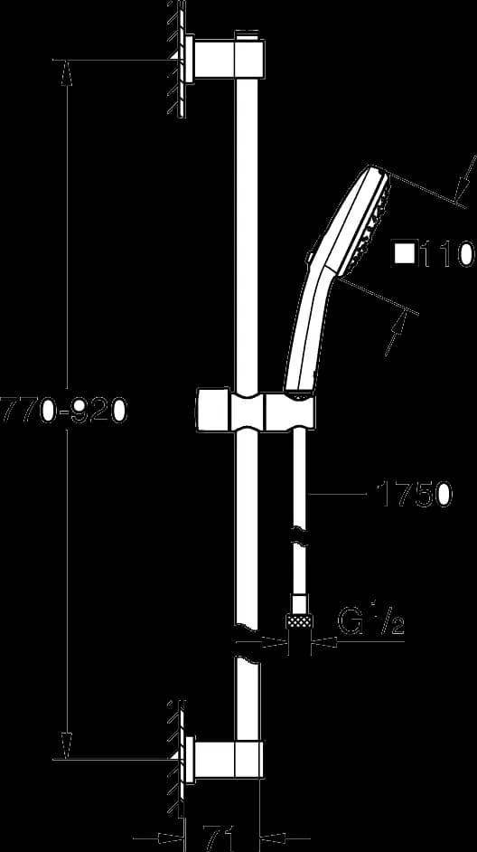 GROHE Vitalio Comfort 110 Set bară de duș cu 3 jeturi (Rain, Jet, Massage) - desen tehnic cu cote