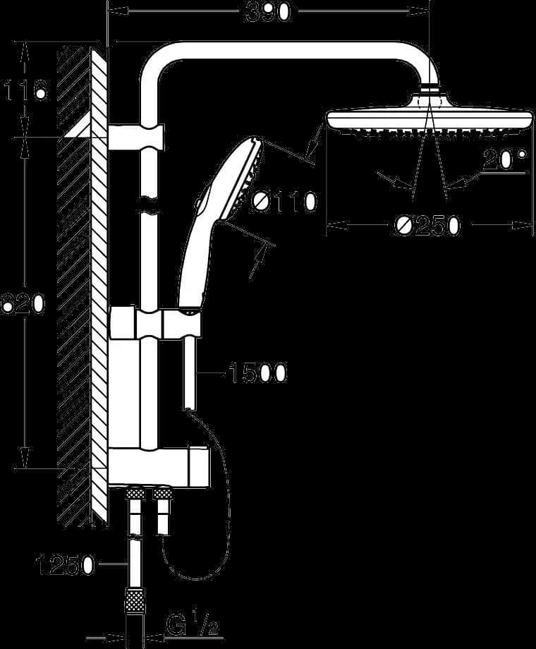 GROHE Tempesta System 250 Sistem de duș Flex cu divertor pentru montare pe perete - desen tehnic cu cote