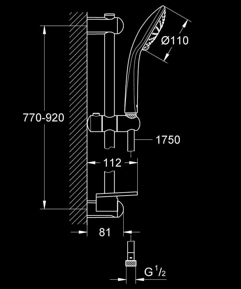 GROHE Euphoria 110 Duo Set duș cu 2 pulverizări, cu bară - desen tehnic cu cote