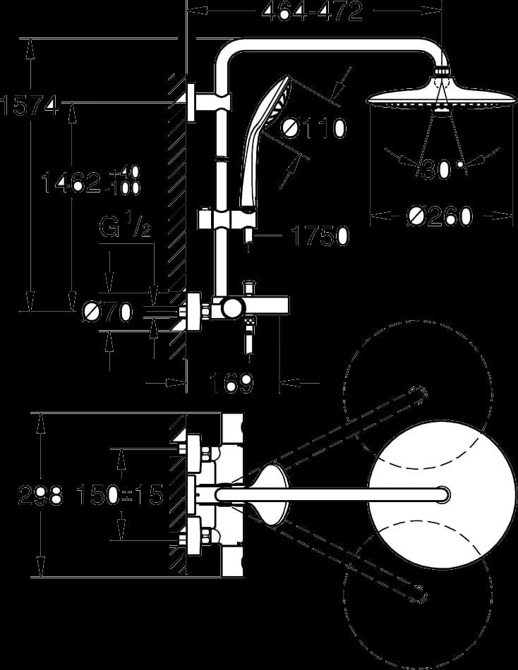 GROHE Euphoria System 260 Sistem duș cu termostat pentru cadă pentru montare pe perete - desen tehnic cu cote