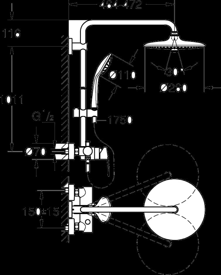 GROHE Vitalio Joy System 260 Sistem de duș cu baterie monocomandă cu montare pe perete - desen tehnic cu cote