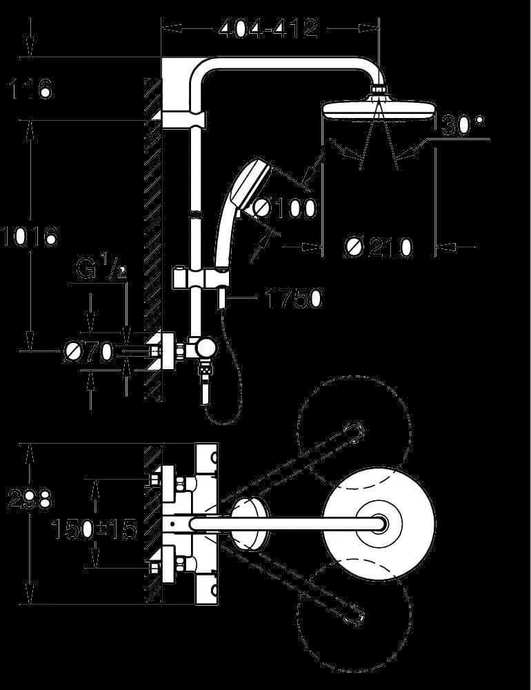 GROHE Tempesta Cosmopolitan System 210 Sistem duș cu termostat pentru montare pe perete - desen tehnic cu cote