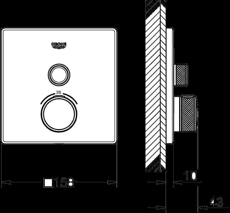 GROHE Grohtherm SmartControl Unitate de control cu termostat pentru instalare încastrată cu o ieșire - desen tehnic cu cote