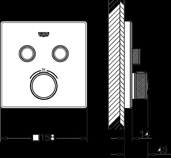 GROHE Grohtherm SmartControl Unitate de control cu termostat pentru instalare încastrată cu 2 ieșiri - desen tehnic cu cote