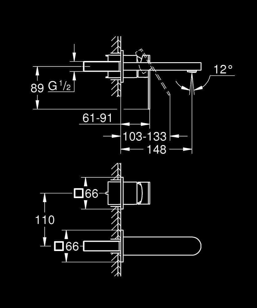 GROHE Plus Baterie lavoar cu 2 găuri Mărimea M - desen tehnic cu cote