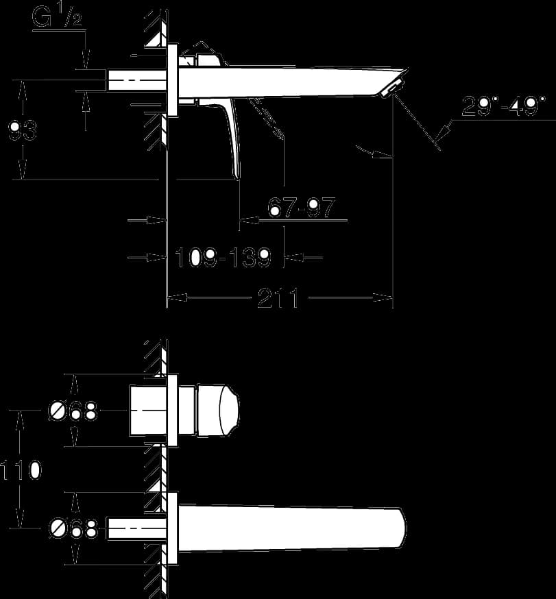 GROHE Eurosmart Baterie lavoar cu 2 găuri Mărimea M - desen tehnic cu cote