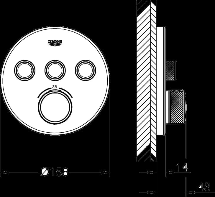 GROHE Grohtherm SmartControl Unitate de control cu termostat pentru instalare încastrată cu 3 ieșiri - desen tehnic cu cote