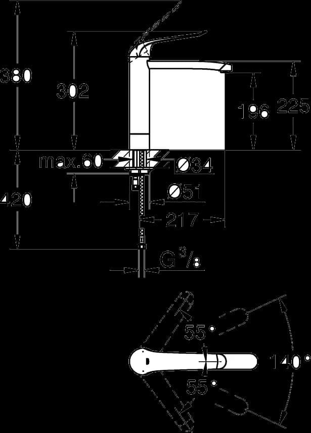 GROHE Eurosmart Care Baterie lavoar monocomandă 1/2" - desen tehnic cu cote