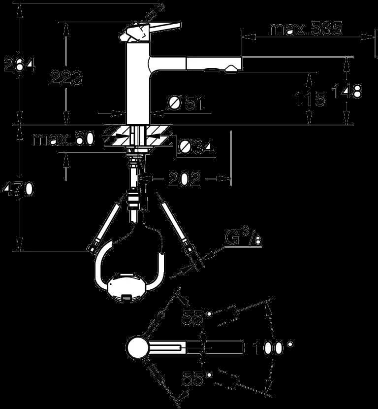 GROHE Concetto Baterie spălător cu monocomandă 1/2" - desen tehnic cu cote