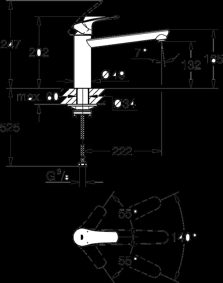 GROHE Eurosmart Baterie spălător cu monocomandă 1/2" - desen tehnic cu cote