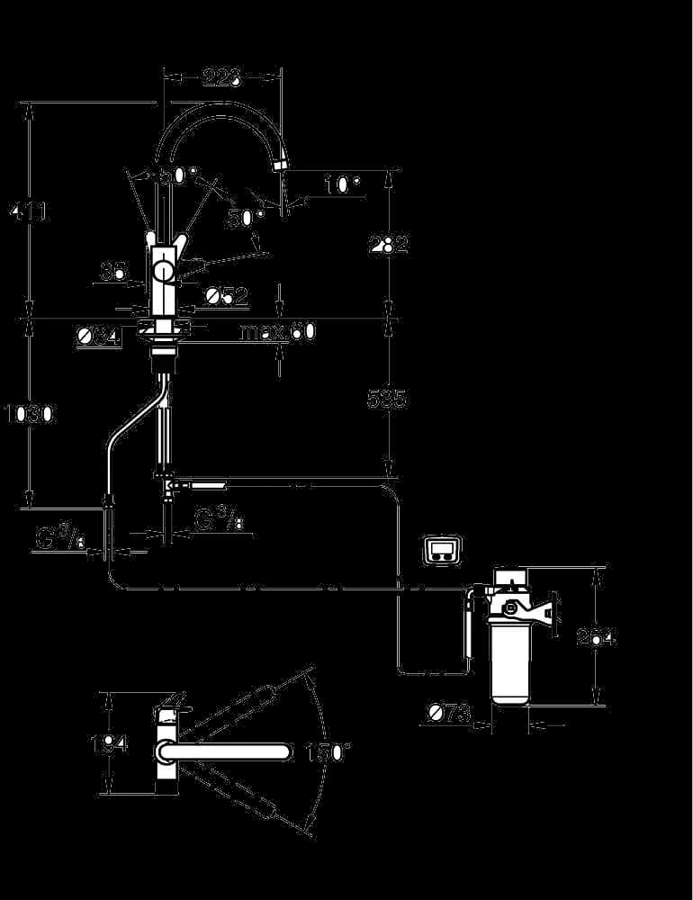 GROHE Blue Pure StartCurve Set de început cu filtru cu cărbune activ - desen tehnic cu cote