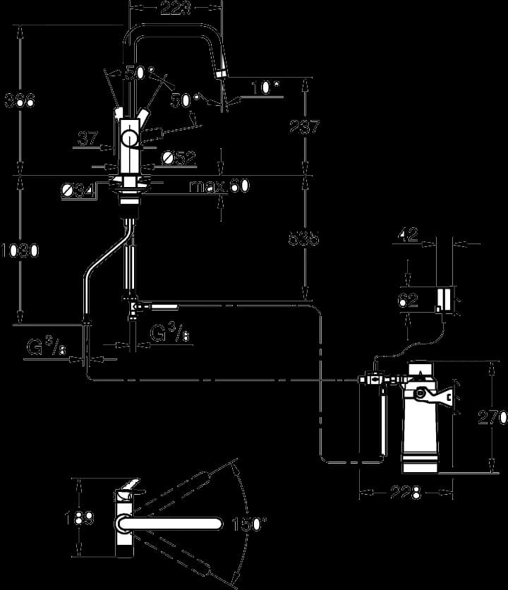 GROHE Blue Pure Start Set de început cu filtru UltraSafe - desen tehnic cu cote