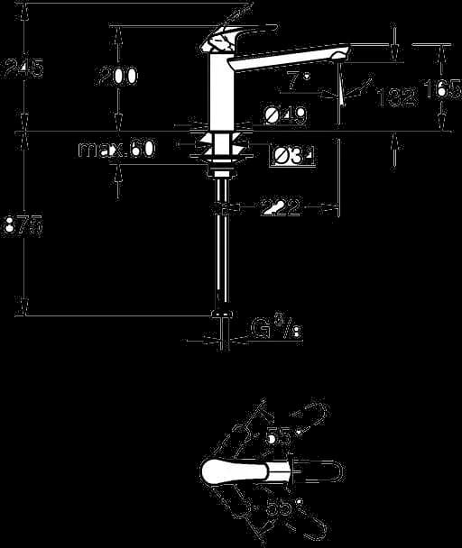 GROHE Eurosmart Baterie spălător cu monocomandă 1/2" - desen tehnic cu cote