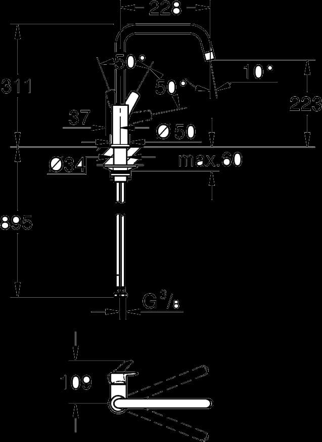 GROHE Eurosmart Baterie spălător cu monocomandă 1/2" - desen tehnic cu cote