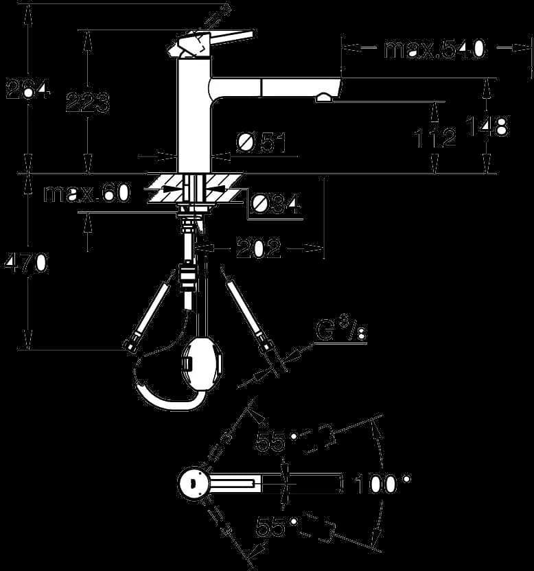 GROHE Concetto Baterie spălător cu monocomandă 1/2" - desen tehnic cu cote