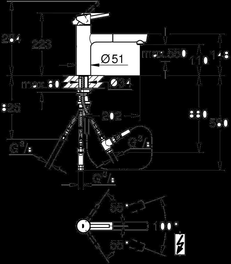 GROHE Concetto Baterie spălător cu monocomandă 1/2" - desen tehnic cu cote