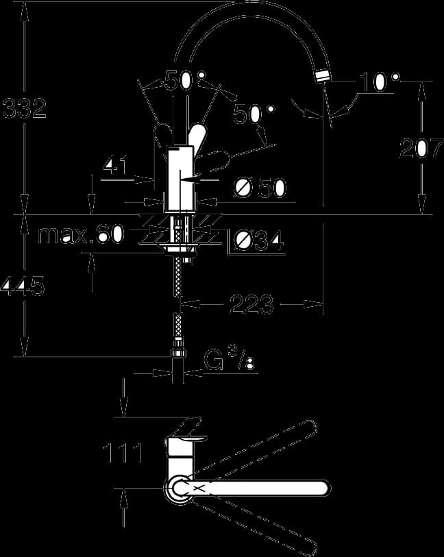 GROHE BauEdge Baterie spălător cu monocomandă 1/2" - desen tehnic cu cote