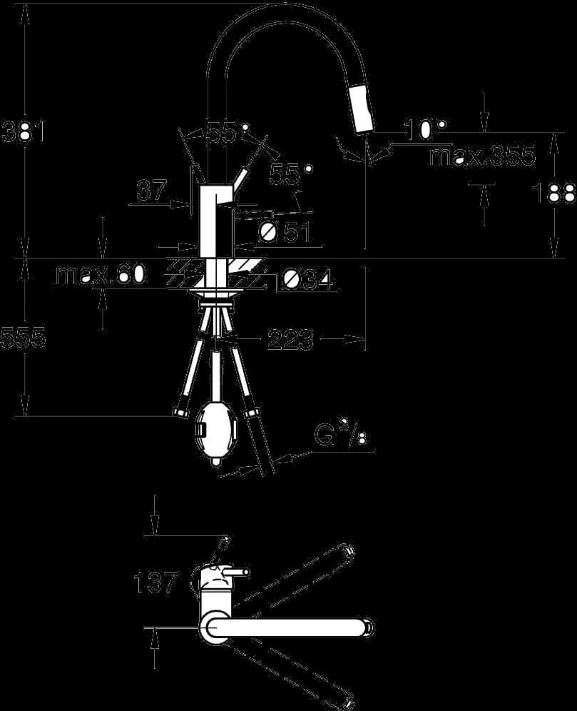 GROHE Concetto Baterie spălător cu monocomandă 1/2" - desen tehnic cu cote