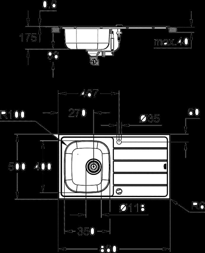 GROHE K200 Chiuvetă din oțel inoxidabil cu picurător - desen tehnic cu cote