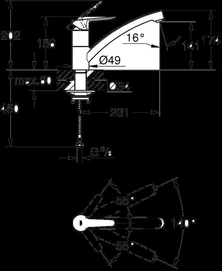 GROHE BauGo Baterie spălător cu monocomandă 1/2" - desen tehnic cu cote