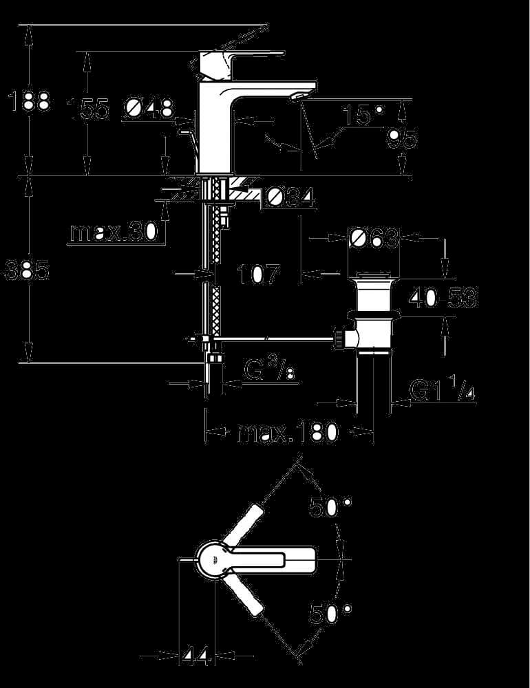GROHE Lineare Baterie lavoar monocomandă 1/2" Mărimea XS - desen tehnic cu cote