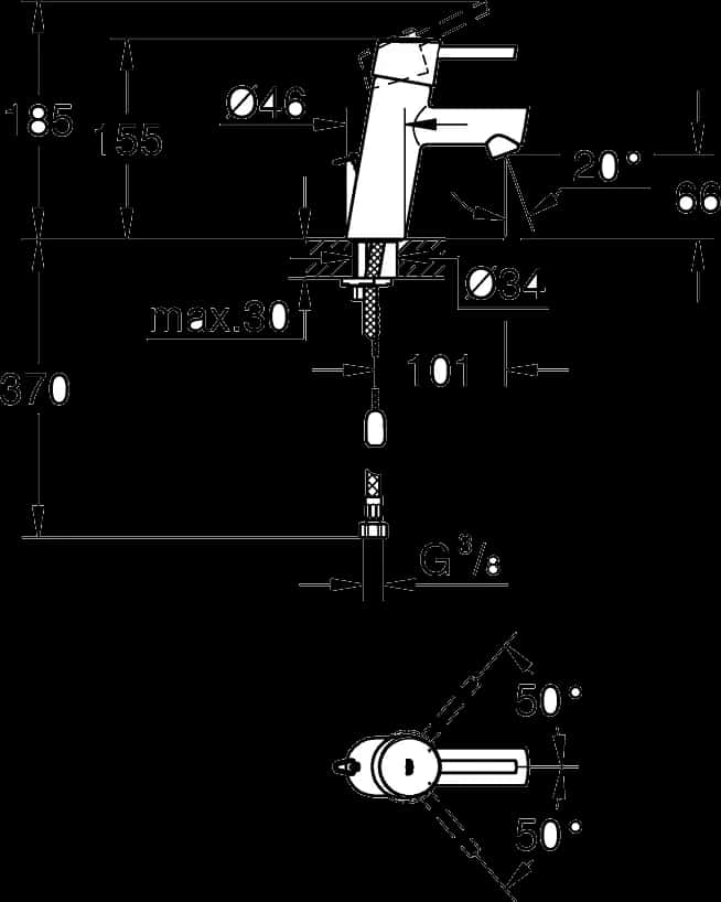 GROHE Concetto Baterie lavoar monocomandă 1/2" - desen tehnic cu cote