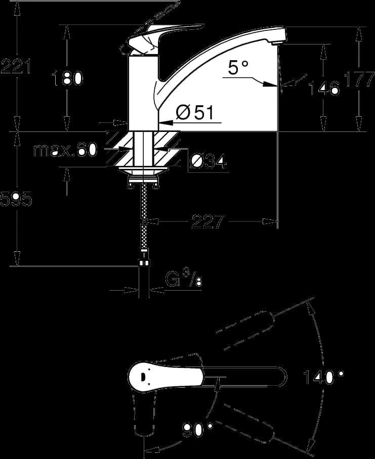 GROHE Eurosmart Baterie spălător cu monocomandă 1/2" - desen tehnic cu cote
