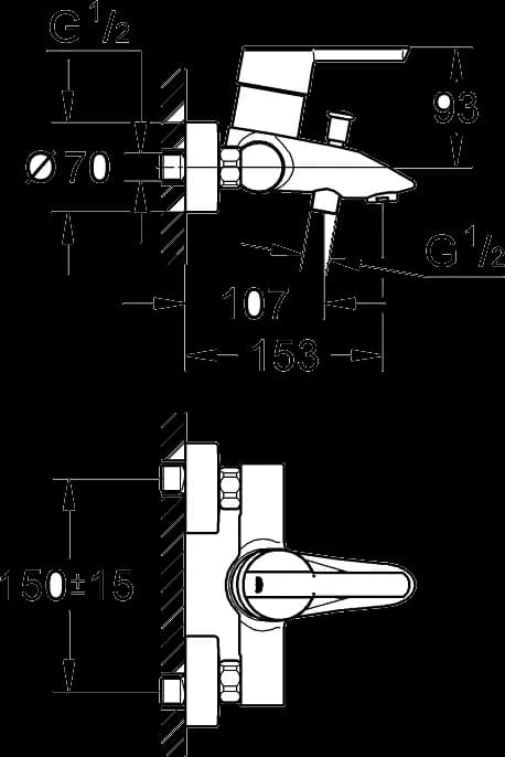 GROHE Feel Baterie cadă monocomandă 1/2" - desen tehnic cu cote
