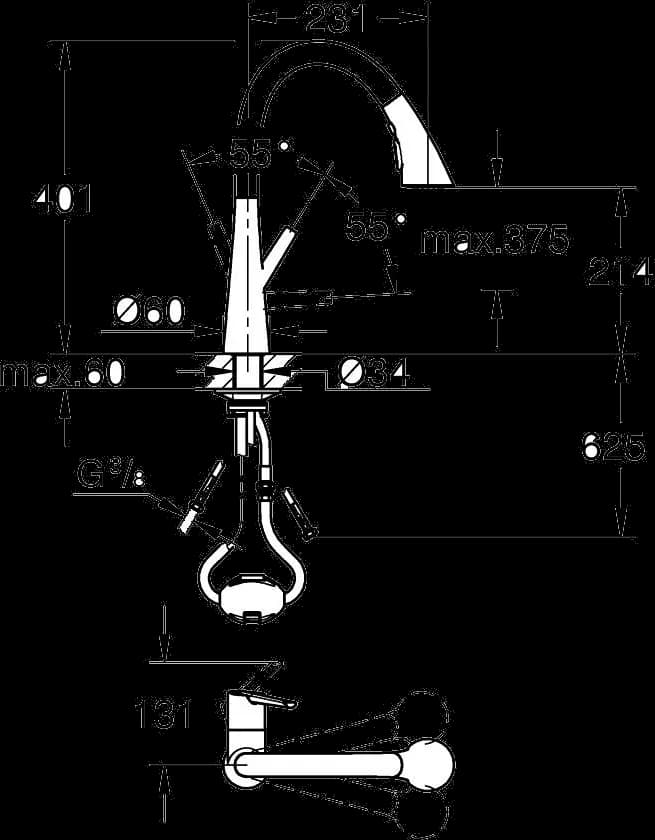 GROHE Zedra Baterie spălător cu monocomandă 1/2" - desen tehnic cu cote